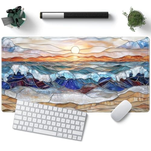 Mountain Sunrise Gaming Mouse Pad Large Desk Mat Extended Mouse and Keyboard Pad, Faux Stained Glass Nature Mousepad with Stitched Edge Mouse Desk Pad Computer Mat Soft Aesthetic Decor 31.5 X 15.7 in