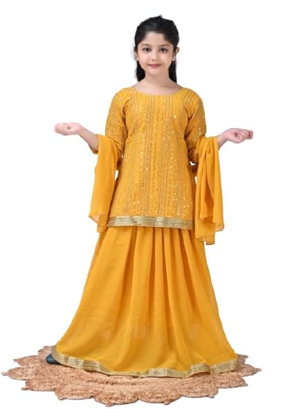 SPAMitude - Georgette Sequin Lehenga Kurta, Skirt and Dupatta Set for Girls – Ethnic Party Dress I Birthday Dress I Trendy Classic I Round Neck Full Sleeves (Yellow, 13 to 14 Years)