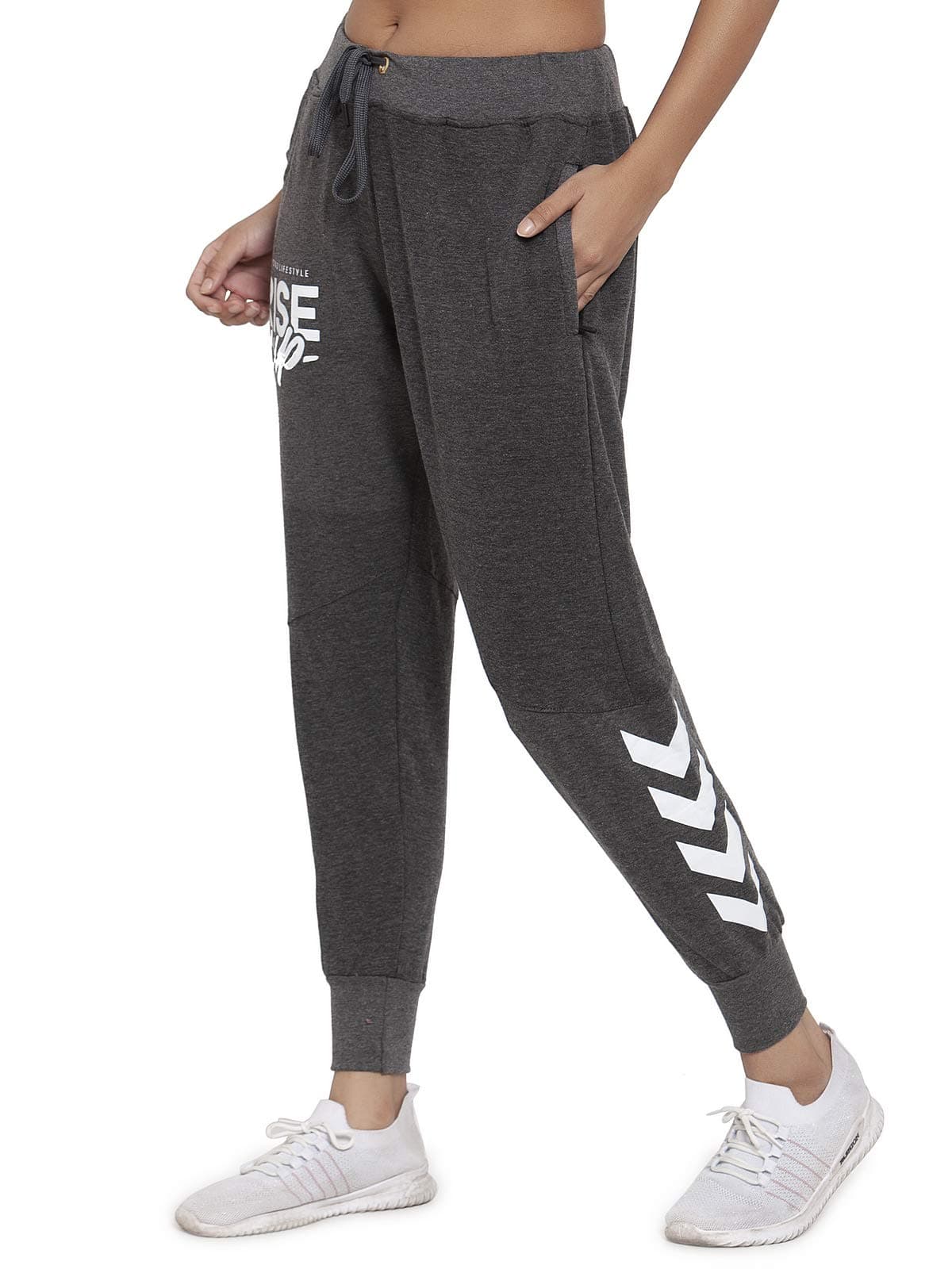 UZARUS Women's Girls Cotton Slim Fit Joggers Track Pants with 2 Zippered Pockets (Dark Milange, M)