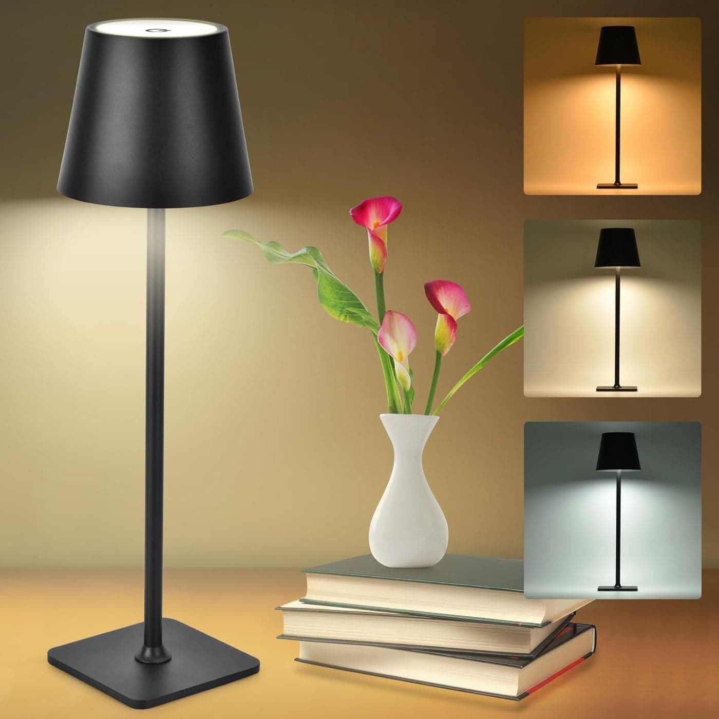 Parssufy Cordless Table Lamps Rechargeable Lamps Battery Operated Lamp LED Portable Wireless Lamp Touch Control 3 Color Temperature Stepless Dimmable Black