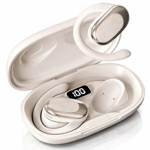 VEHOP S300 OWS Open Ear Wireless Earbuds with Display, ENC Mic for Crystal-Clear Calls, 60hr Playtime with Type-C Fast Charging, BT5.4 Gaming Bluetooth Earphone, Touch Control Sports Headphone (BEIGE)