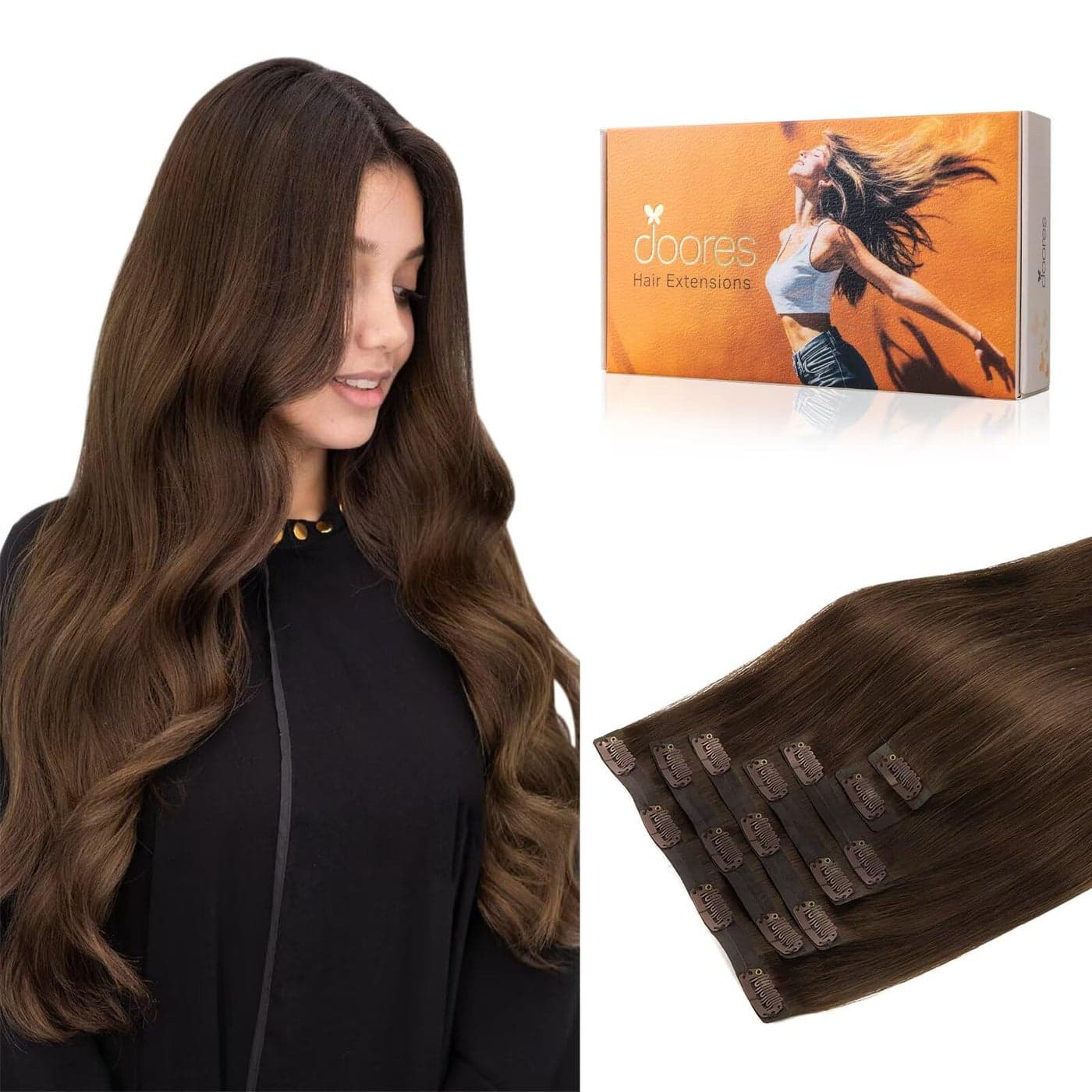 DOORES Chocolate Brown Clip in Hair Extensions 150g 7pcs 22 Inch Virgin Human Hair Invisible Edge Real Hair