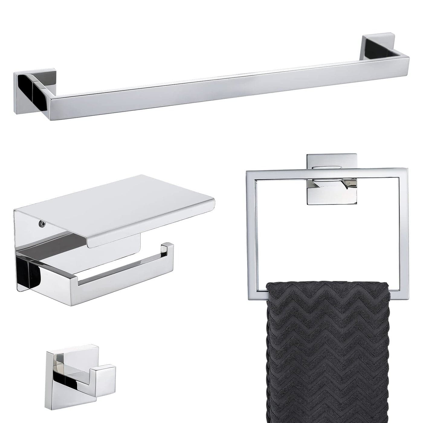 4Piece Bathroom Hardware Set Chrome Bath Towel Bar Holder Sets Wall Mounted Stainless Steel Square Bathroom Accessory Kit Polished Chrome 236 Inch