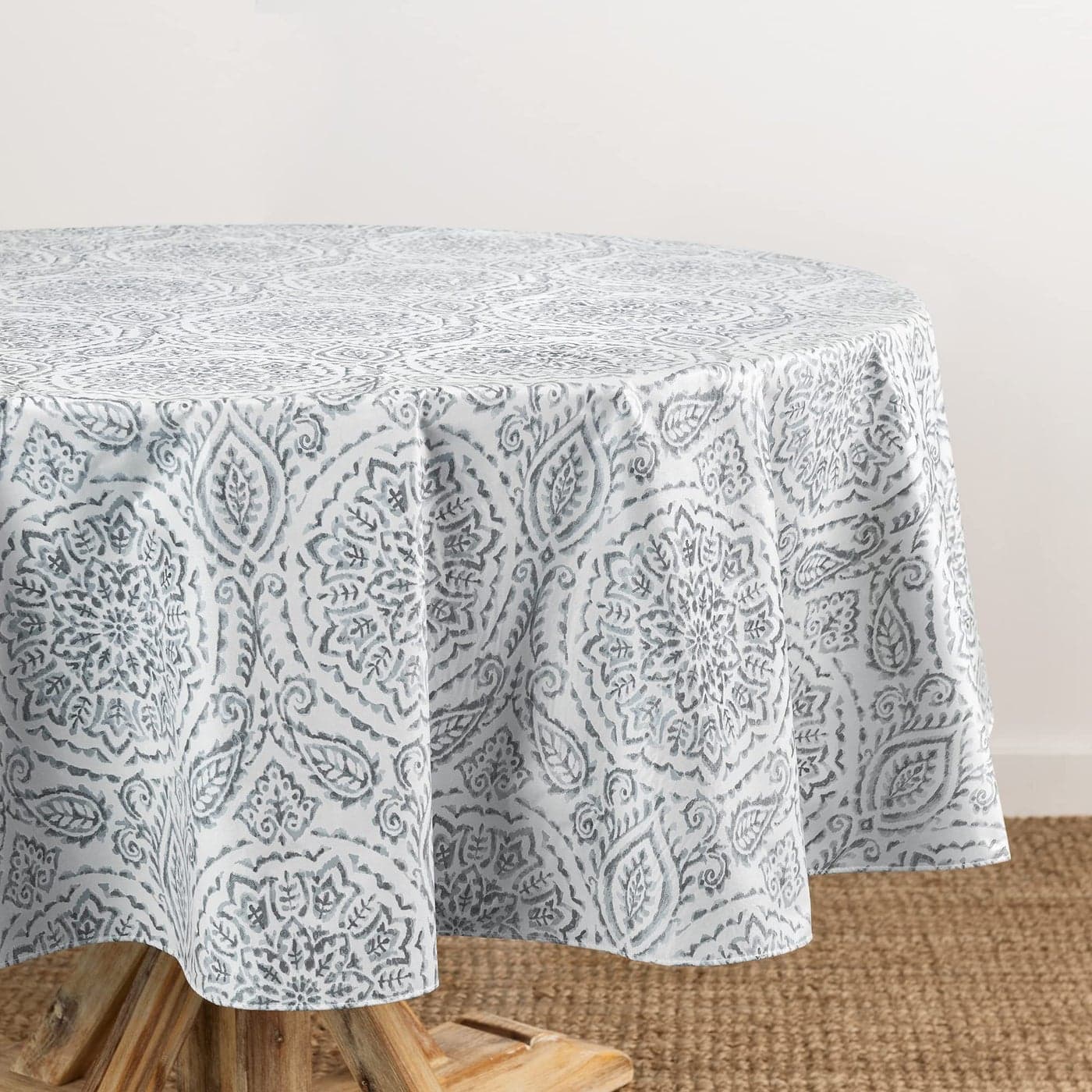 Elrene Home Fashions Savannah Boho Paisley Water and StainResistant Vinyl Tablecloth with Flannel Backing 70 Inches X 70 Inches Round Gray