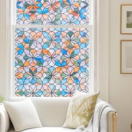 OHTMERU 3D Stained Glass Window Privacy Film, Heat Control UV Blocking Static Cling Decorative Window Film for Bathroom,Front Door,Home Non Adhesive 23.6 x 39.3 inches Jingling Flower