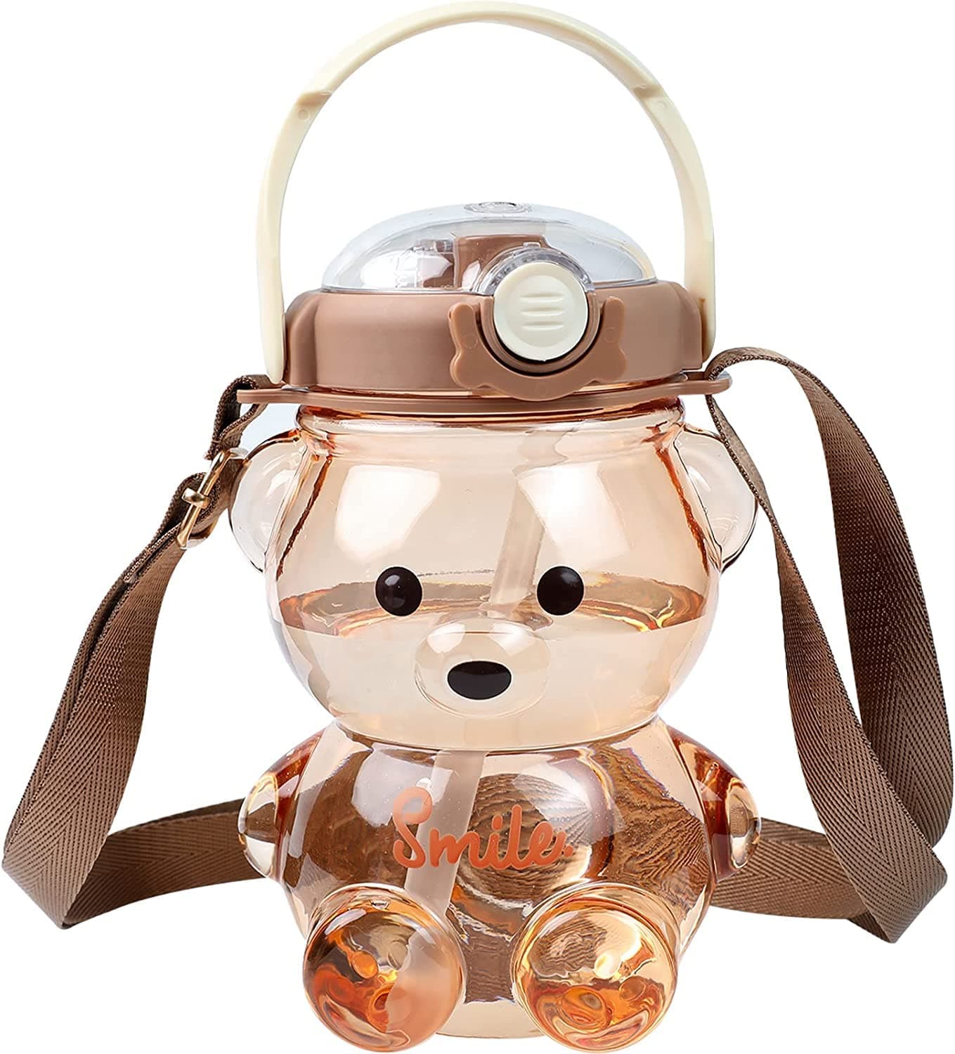 Drofail 1 Liter Capacity Cartoon Teddy Bear Water Bottle Sipper Water Bottle Portable Mouth With Straw Sticker Strap Smile Teddy Bottle Multi Color