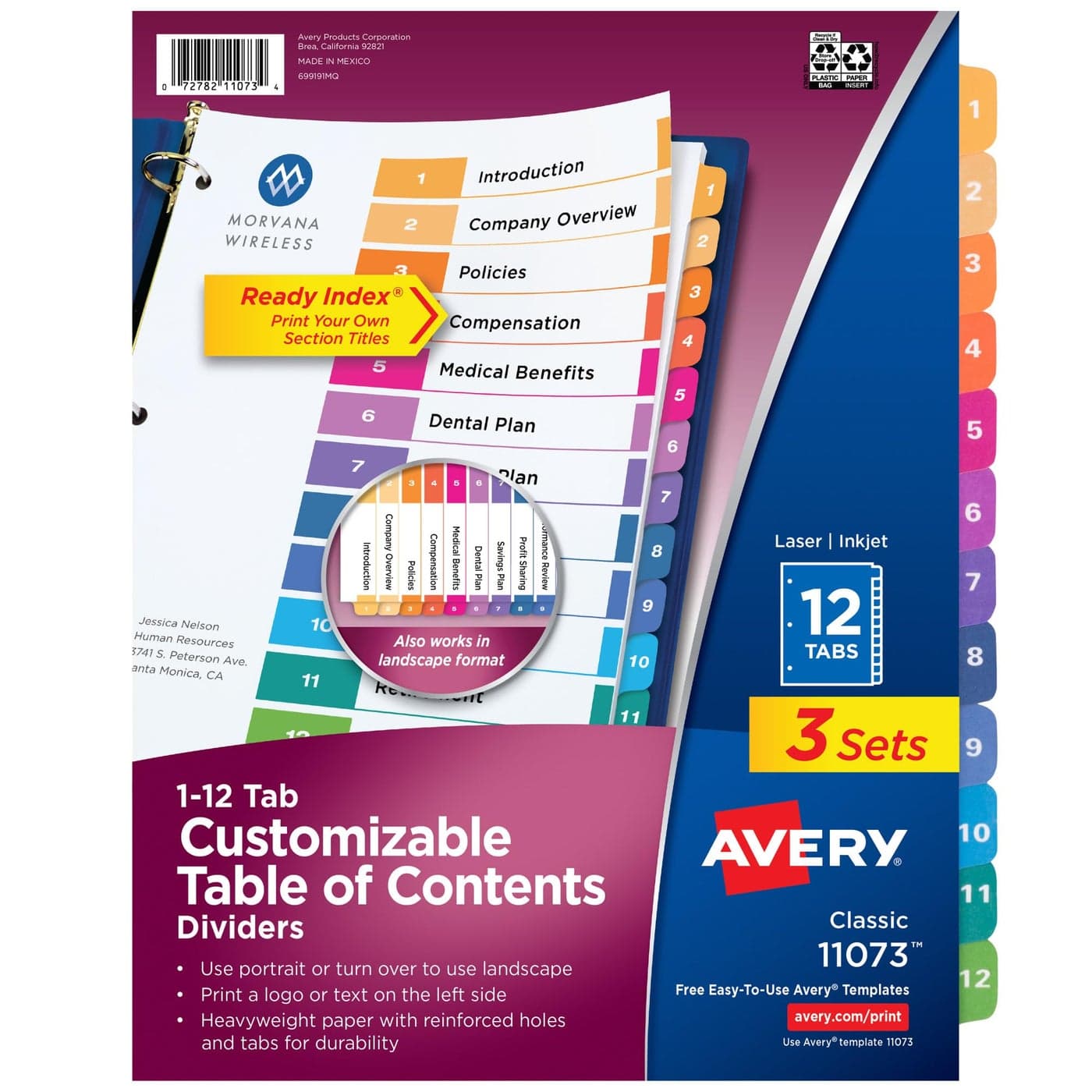 Avery Dividers for 3 Ring Binders 12 Tabs per Set Customizable Table of Contents Multicolor Tabs Great for Organizing Reports Projects and More 3 Sets of 11073