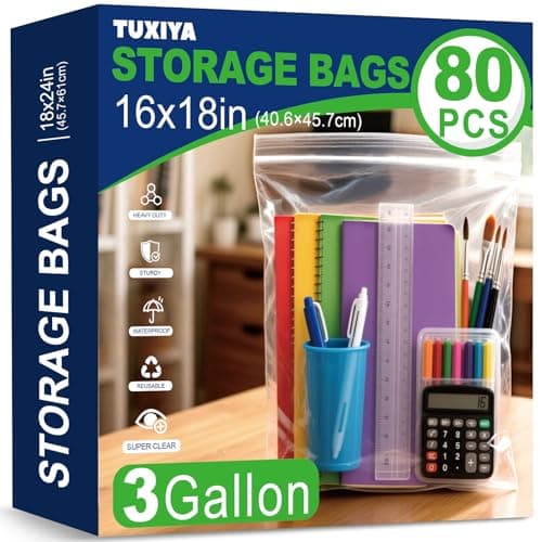 TUXIYA 80PACK 3 Gallon Large Zipper Bags for Storage 16 x 18 Inch Large Clear Zipper Bags Reusable with Sealable Zippers Top for Clothes TravelMovingThick 4 Mil