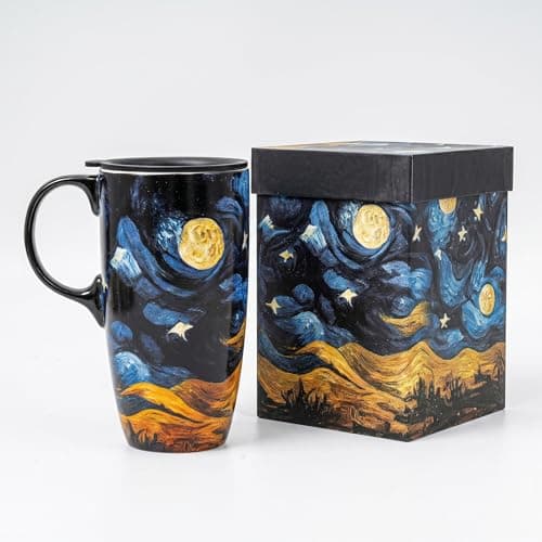 Topadorn Coffee Ceramic Mug Porcelain Latte Tea Cup With Lid in Present Box 17oz,Starry Night, Daily Use&Gifts