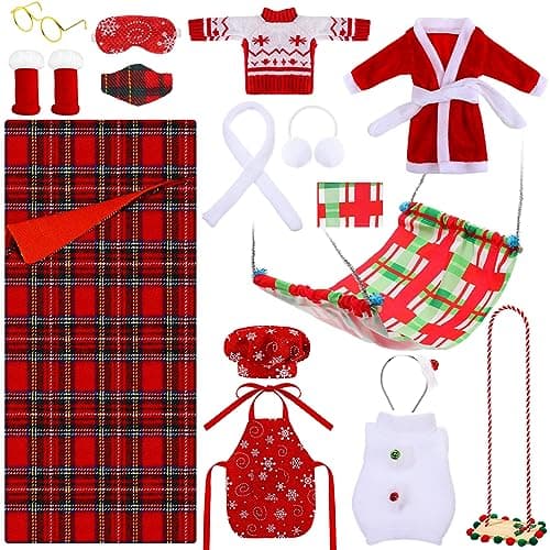Glimin 1 Set Christmas Doll Accessories Kits 2026 Includes Apron Chef Hat Hammock Swing Sleeping Bag Bathrobe Sweater Dress Headwear Scarf Ear Muffs Eye Mask Glasses ShoesSnowflake