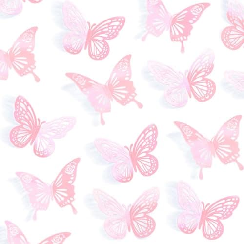 Pink Butterfly Decorations 48Pcs 2 Styles 3 Sizes Butterflies for Cake Cupcake Toppers 3D Paper Sticker for Bouquets Birthday Baby Shower Kids Girl Room Wall Nursery Grad Graduation Caps Decor