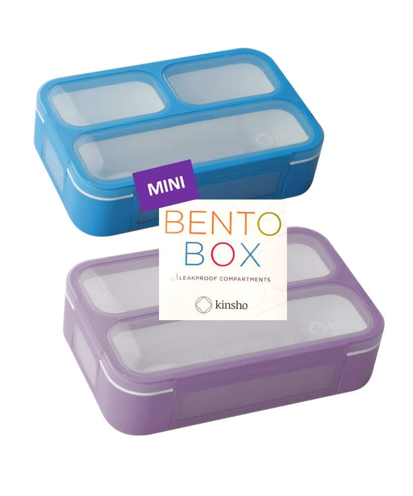 kinsho Snack Containers for Kids Toddlers Baby Adults MINI Bento LunchBox SMALL BentoBox Portion Container Toddler PreSchool Girls Boys Leakproof Boxes Purple Blue Set of 2