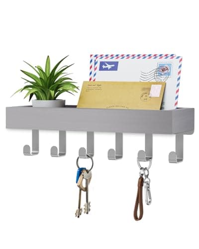 Key Holder Wall Mount Adhesive Magnetic - Hanging Key Hooks with Mail Organizer Tray for Wallet House Accessories - Keys Hanger Rack with Shelf for Camper Entryway Door Home Living Room Decor Grey