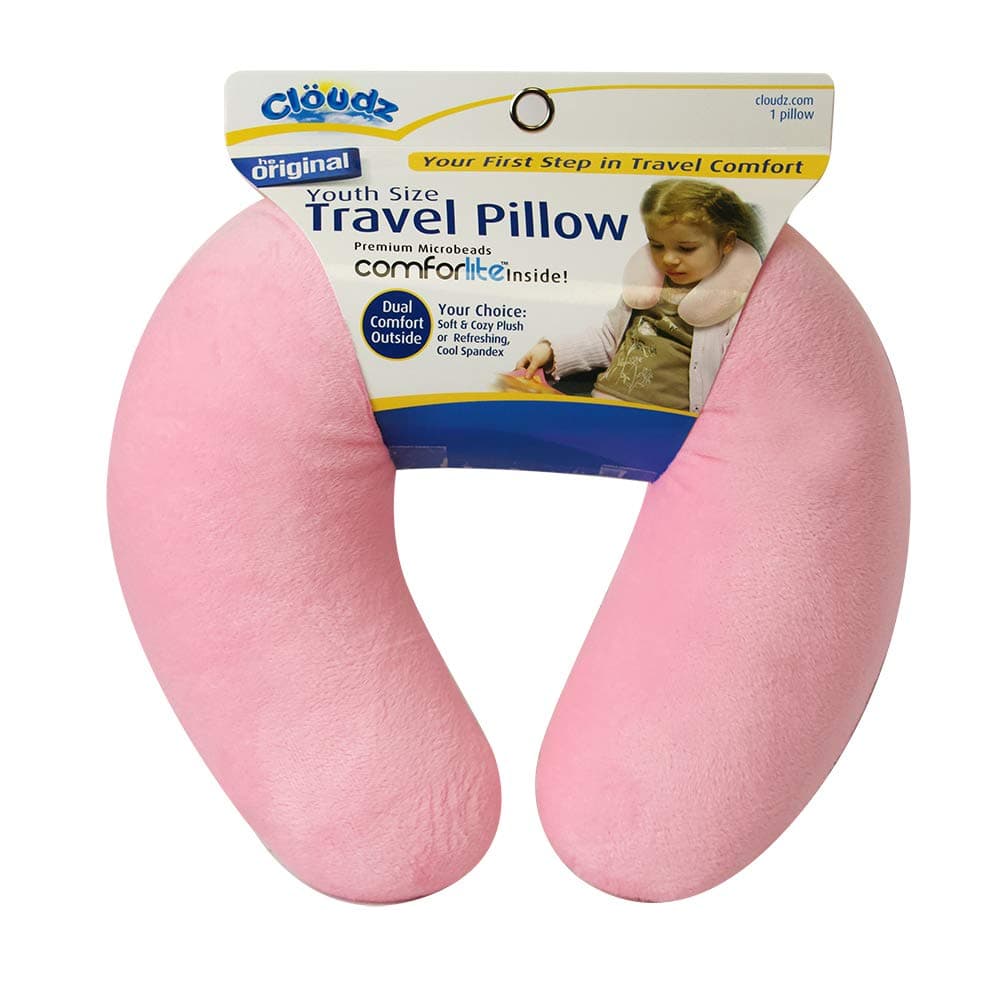 Cloudz Kids Dual Comfort Microbead Airplane Travel Neck Pillow Super Soft Cozy Plush on One Side Cool Relaxing Spandex on The Other Keep Your Kids Comfy and Supported at Home or On The Go Pink