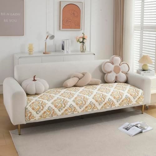 HOKIPO 'VivaCasa Series' Polyester Printed Quilted Sofa Cover Mats for 1/2/3 Seater Sofa and L Shape. Make Your Own Sofa Cover Set,Mat Length 90(D) X 120(L) Cm, Damask Beige (In-792-D4)