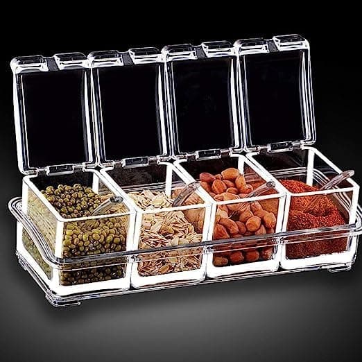 Fresh creation Crystal Plastic Seasoning Acrylic Spice Rack, 4 Pieces Box with 4 Spoons, Kitchen Ware, Masala Container., Clear