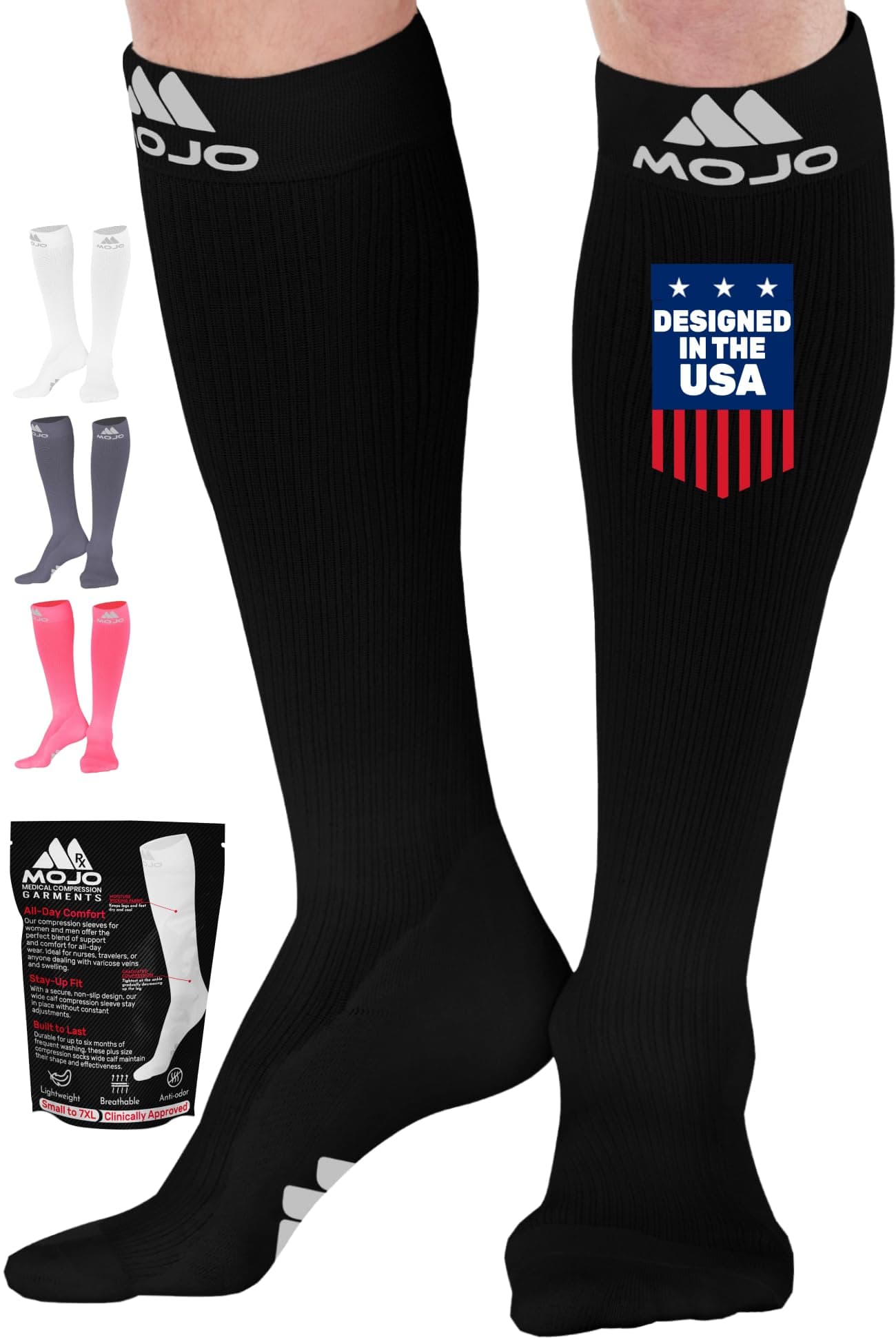 Mojo Compression Socks for Women and Men 2030mmHg Knee High Extra Large Compression Support Socks for Nursing Travel Sport Airplane Black 5XLarge M809