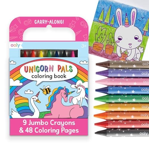 Ooly Travel Art Kit with 9 Jumbo Crayons 48 Themed Coloring Pages Case for Easy Traveling Art Creation Perfect Airplane Road Trip Activities for Kids Unicorn Pals