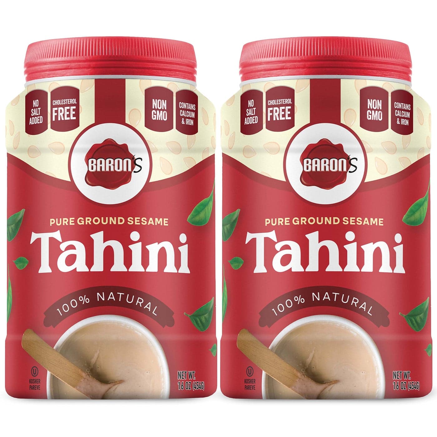 Barons Kosher 100 Pure Ground Sesame Tahini 16ounce Jars 1 Pound Pack of 2
