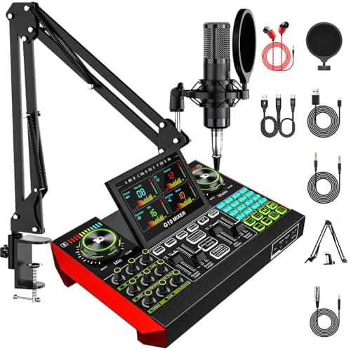 Podcast Equipment Bundle with 3.5mm P15 Condenser Microphone for Pc/Phone Live Streaming Singing Gaming, Podcast Microphone Bundle with Live Sound Board Audio Mixer,Voice Changer, Denoise,DJ Sets