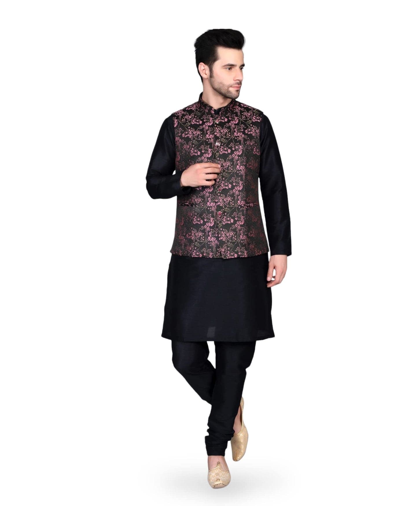 Ethluxis Men's Silk Blend Kurta Churidar Pyjama with Ethnic Bundi Jacket Set (36, Black/Pink)