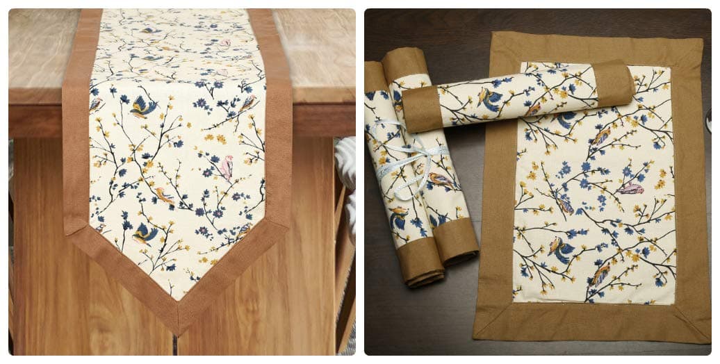 Dekor World 13 Pieces Mini Bird Printed Beige Table Runner with Place Mat and Napkin (33x120cm/33x47cm/45x45cm)-4 Seater Dinning & Center Table