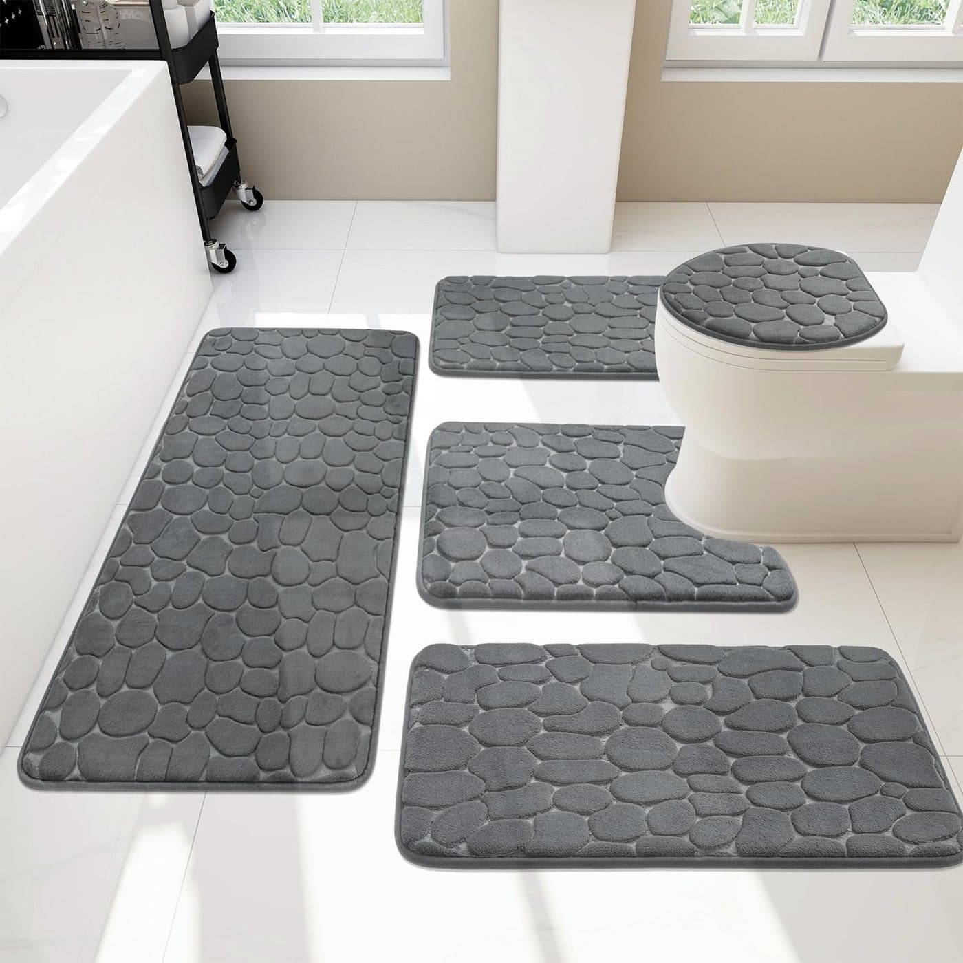 YIHOUSE Bathroom Rugs Mat Set 5 Piece Dark Grey Memory Foam Bath Mats Sets Non Slip Water Absorbent Washable Bath Rugs for Sink Toilet and Floor