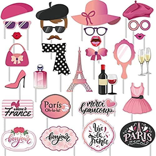 30 Pcs Paris Photo Booth Props Kit - Eiffel Tower Themed Decoration for Oh La La Baby Shower, Birthday, French Party Supplies