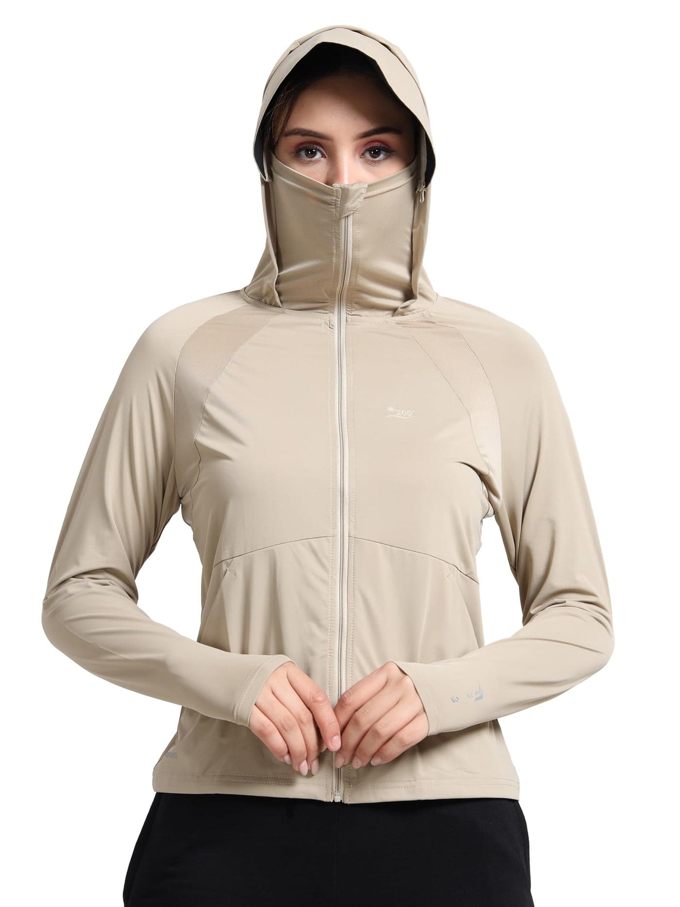 FABSPORTS Women Nylon Standard Length UV Protection Sun Screen Jacket, Full Zip, Lightweight with UPF 50+ Protection for Outdoors, with Pockets, Sun Protective Clothing, Beige, Large
