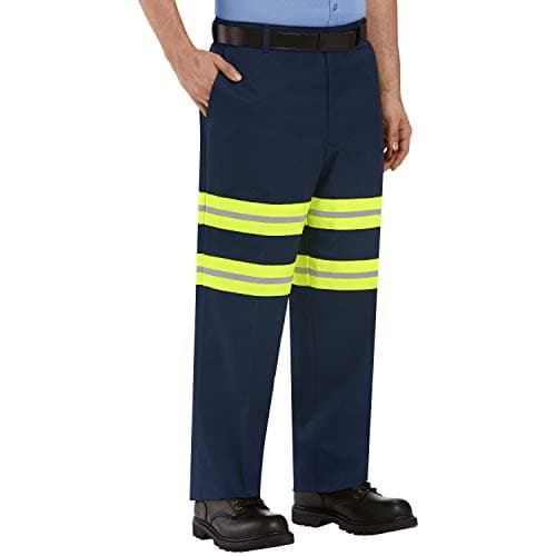 Red Kap Men's Stain Resistant Enhanced Flat Front Work Pants, Navy with Yellow/Green Visibility Trim, 36W x 34L