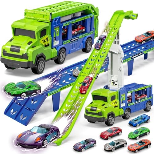 Kids Toys for 3 4 5 6 7 8 Years Old Boys 3 in 1 Carrier Truck Transport Car Toys Foldable 2 Track Truck Playset with 25in Race Track 6 Metal Toy Cars Birthday Toy Gift for Toddler Boys Girls
