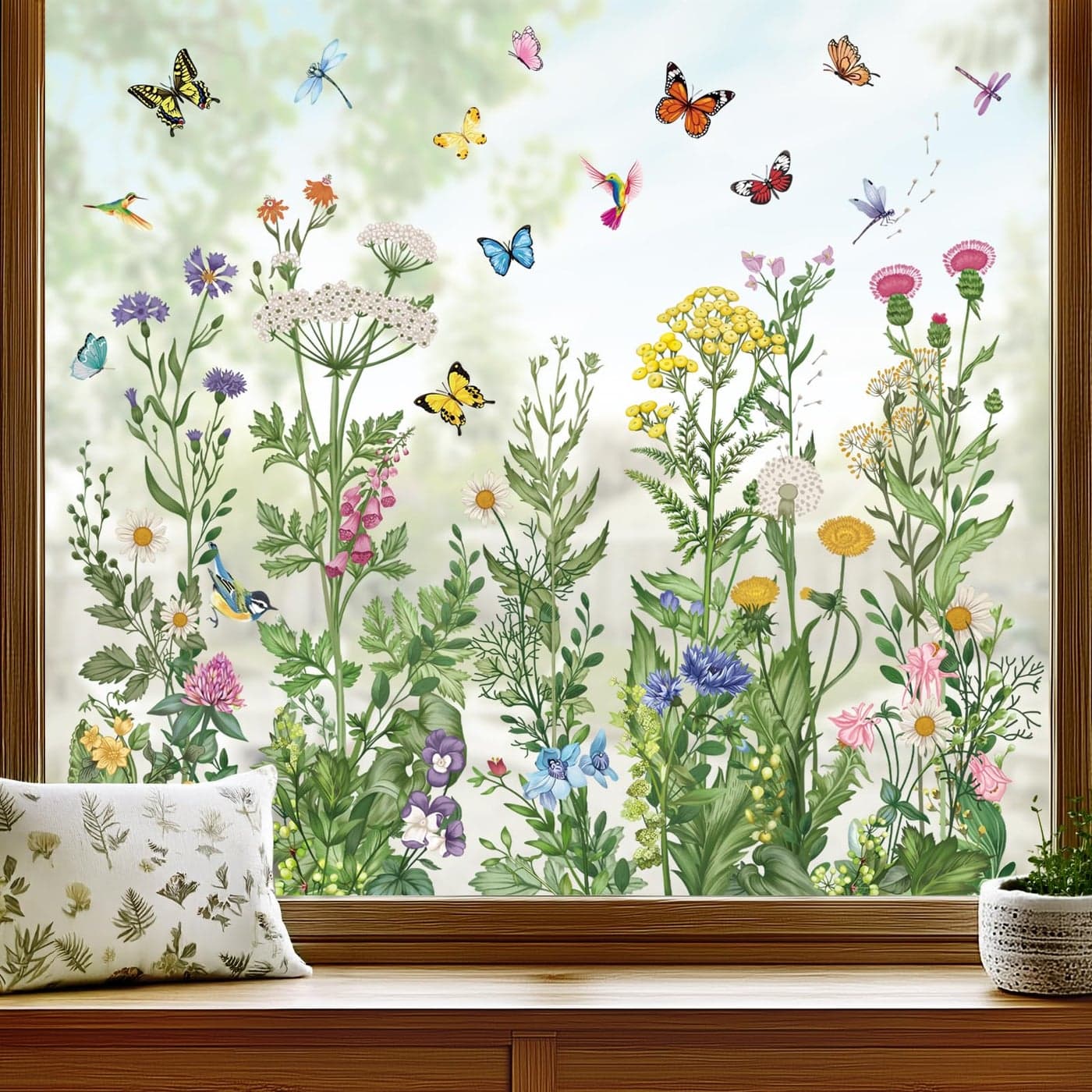 wondever Spring Summer Wild Flowers Window Clings Vintage Wildfloral Butterflies Glass Sticker Decal Anti Collision DoubleSide Static Window Stickers for Home Glass Window