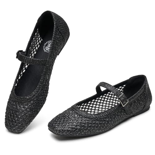 Trary Mary Jane Shoes Women, Woven Black Flats for Women, Black Ballet Flats Shoes, Squared Toe Mary Jane Flats Ankle Strap Dressy Comfortable, Women's Flats, Black Dress Shoe Size 9