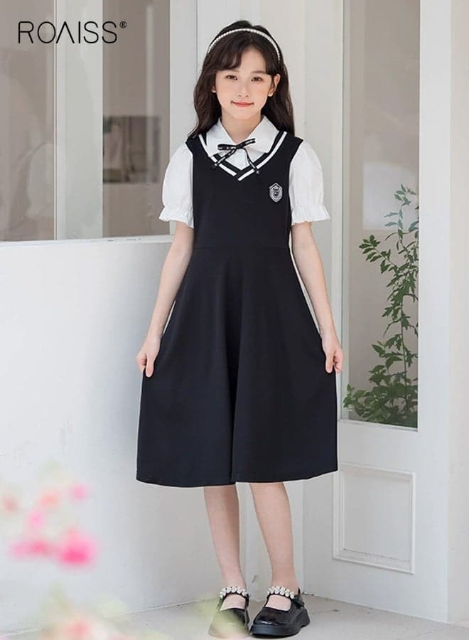 Girls Faux Two-Piece Dress, Stylish Summer Frock with Bowknot, Shirt Collar Puff Sleeve Dress, Comfortable Breathable A Line Dress for Girls, Suit for Daily Wear or Any Occasion