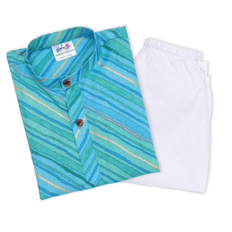 superminis Cottton Full Sleeves Lehariya Printed Kurta Pyjama Set for Boys (4-5 Years, Green)