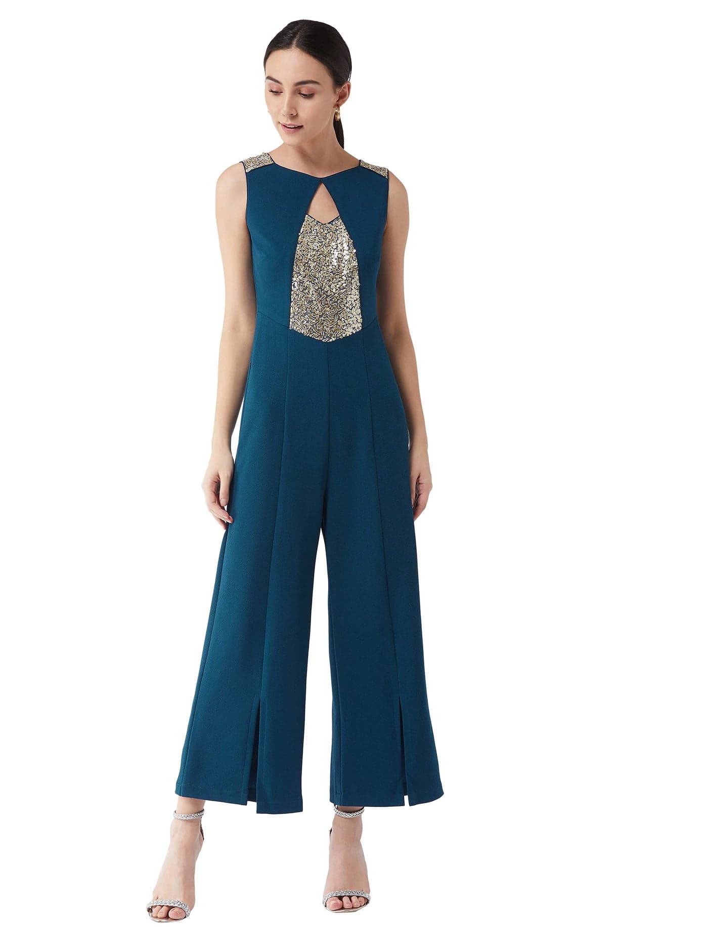 Miss Chase Women's Teal Solid Relaxed Fit Round Neck Sleeveless Regular Length Jumpsuit (MCSS21D14-74-83-05,Teal,L)