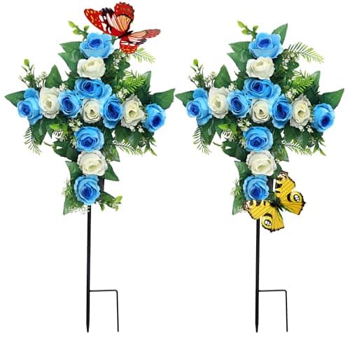 Hibsotco Artificial Cemetery FlowersSet of 2 Faux Floral CrossArtificial Rose Bouquet Decoration for Cemetery Headstones GravesitesSilk Flowers for LongLasting Remembrance Blue