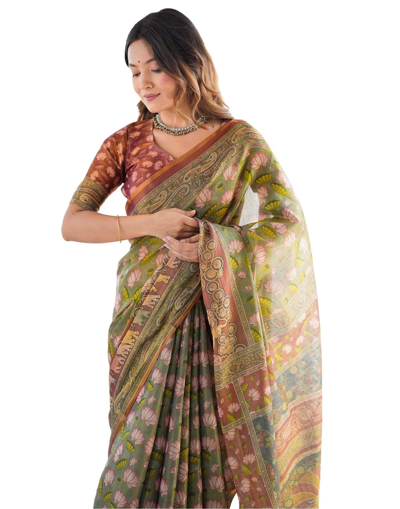 SIRIL Women's Cotton Linen Kalamkari Printed Handloom Saree with Unstitched Blouse Piece (4364S391_Dusty Green)