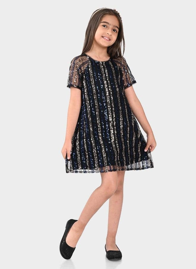 BONKIDS Black Embellished A-Line Dress for Girls