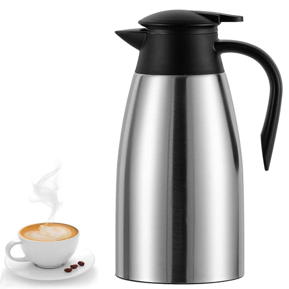 70 Oz Insulated Thermal Coffee Carafe Stainless Steel Double Walled Vacuum Coffee Thermos Hot Water Tea Hot Beverage Dispenser Keep 24 Hour Heat Retention12 Hour Cold Retention Sliver 2L