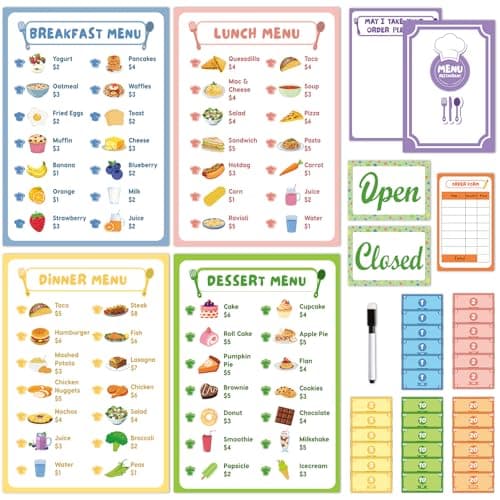 36Pcs Pretend Play Restaurant Menus Set for Kids Kitchen Food Diner Order Pads 4 Pretend Menus 1 OpenClose Sign 30 Play Money 1 Erasable Pen for Toddlers Girl Boy Role Plays Accessory Birthday Gift