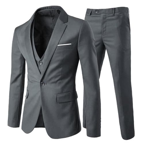 Mens 3-Piece Suit Notched Lapel One Button Slim Fit Formal Jacket Vest Pants Set,Dark Grey,Large