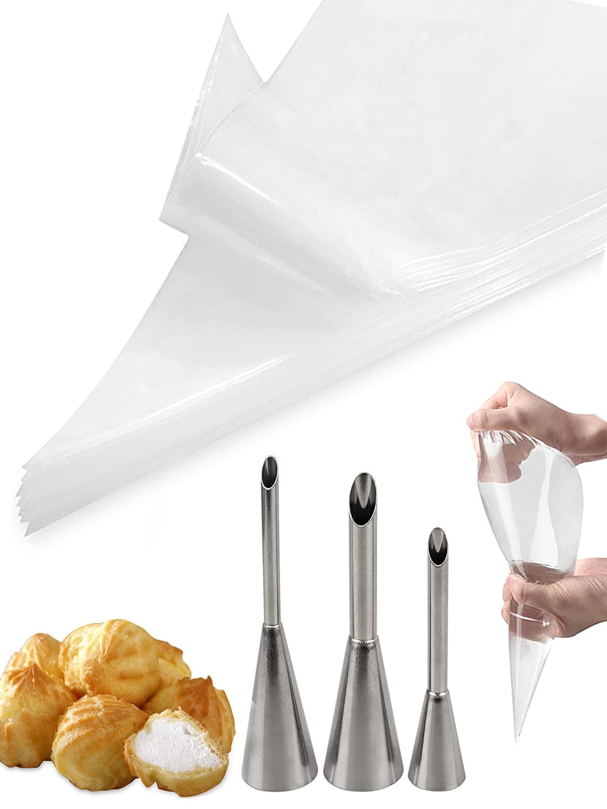 Puff Cream Filling Piping Tip 3 Pcs,Cupcake Filler Tool with 20 Disposable Pastry Bags for Filling Donuts,Cupcakes & Eclairs