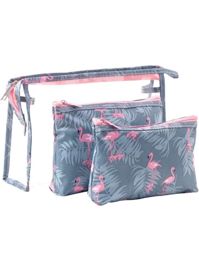 3-Piece Waterproof Cosmetic Bag Set Grey/Pink