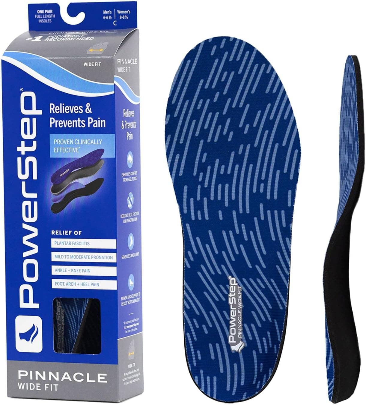PowerStep Pinnacle Wide Fit, Neutral Arch Support, Wide Fit Insole for Shoe Widths 3E-6E, Plantar Fasciitis Pain Relief