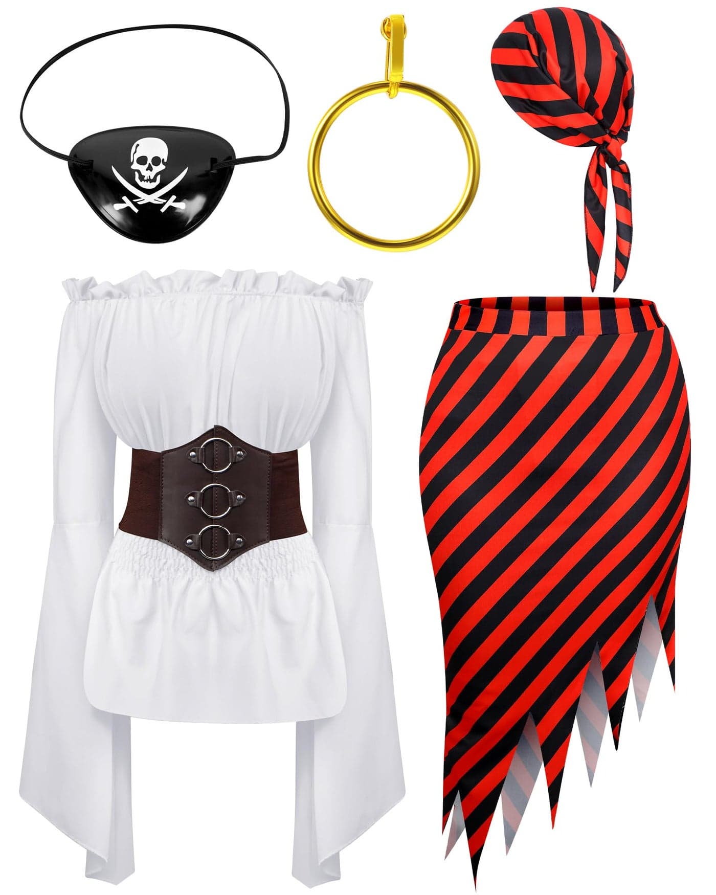 Silicherry 6 Pcs Womens Pirate Costume Cosplay Renaissance Blouse Tops Corset Waist Belt Pirate Skirt Stripes Headscarf Set (White,XL), X-Large