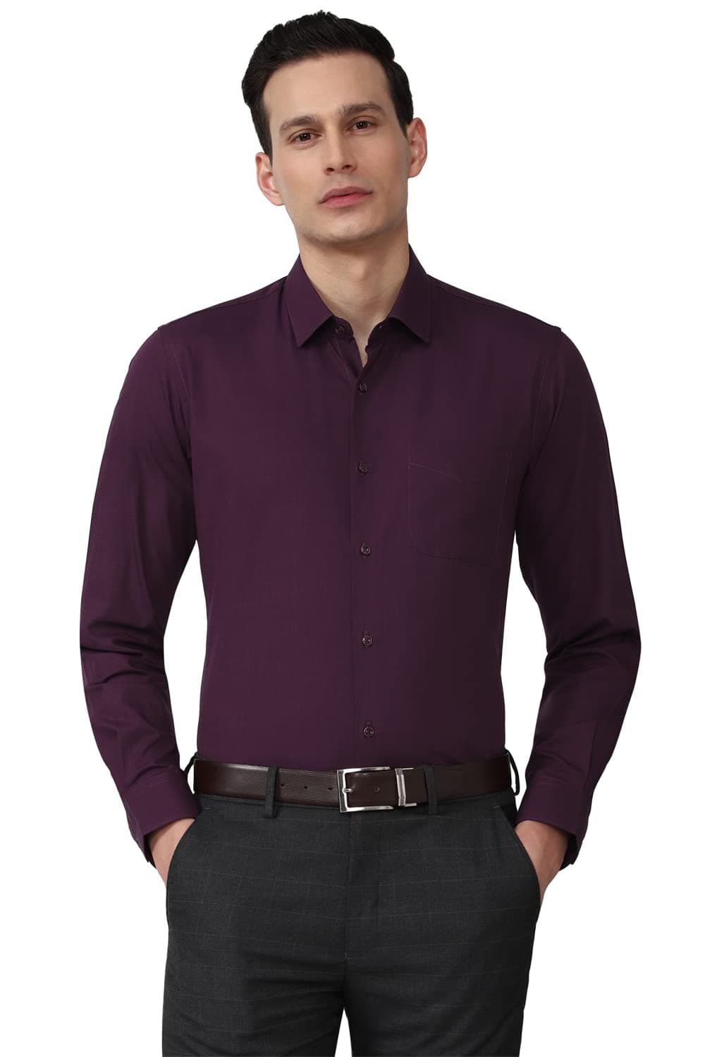 Peter England Men's Cotton Slim Fit Shirt (PESFMSLBY24788_Purple 39)