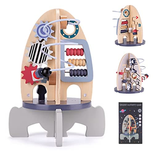Wdmiya Space Wooden Activity Cube Toys for Baby, Montessoritoys for 1 Year Old Boy & Girl Birthday Gifts, Sensory and Educational 1st Birthday Gifts, Busy Board Toys for Baby Boy 6-18 Months (Rocket)