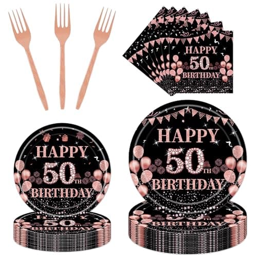 Rakuto 50th Birthday Party Plates 96PCS 50 Year Old Birthday Party Decorations Supplies for Her Rose Gold Tableware Plates Napkins Forks Supplies Women 24 Guests