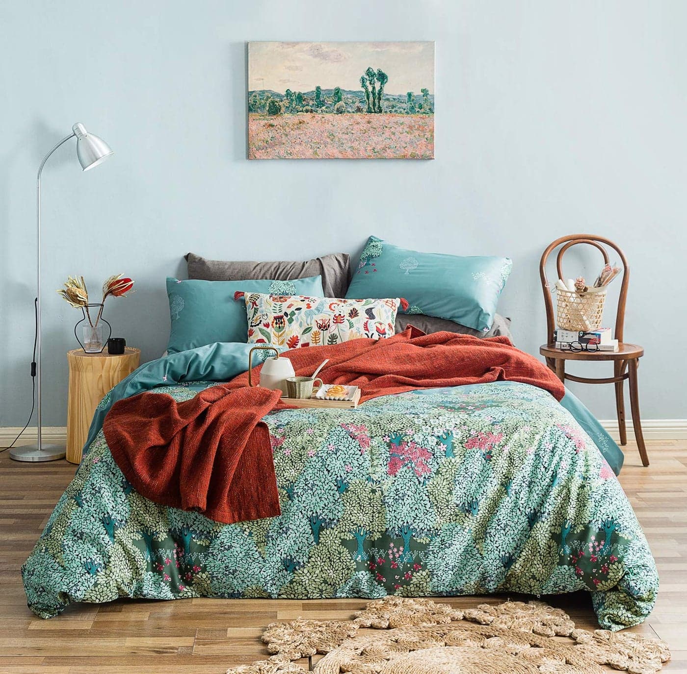 YuHeGuoJi Botanical Duvet Cover Queen 100 Egyptian Cotton Green Leaves Duvet Cover Set Super Soft 3 Pcs 1 Tree Plant Print Duvet Cover with Zipper Ties 2 Pillowcases Botanical Bedding Breathable